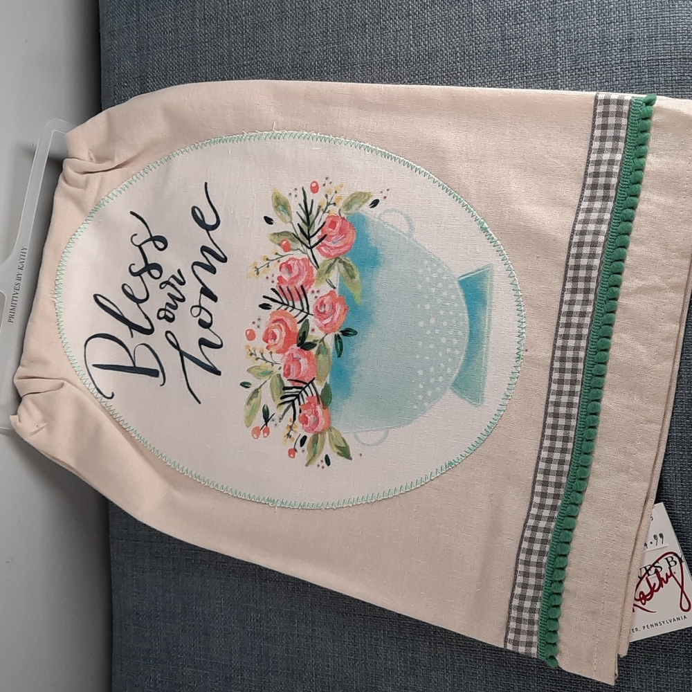 Bless Our Home Cotton Applique Kitchen Hand Dish Towel Floral Housewarming NWT